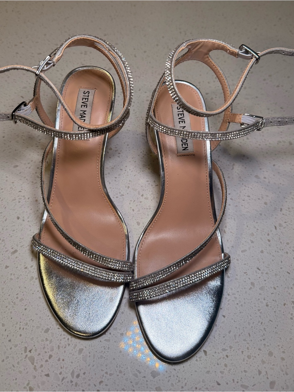 Steve Madden Silver Rhinestone Strappy Heels Sandals Size 9.5